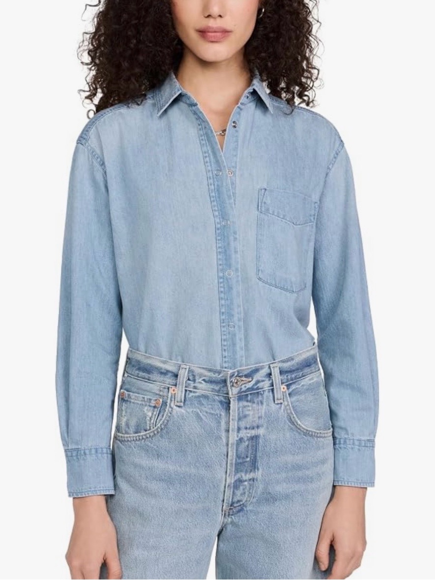 Ayr The Denim Deep End Air Kisses Light Blue Button Down Jean Shirt Size M